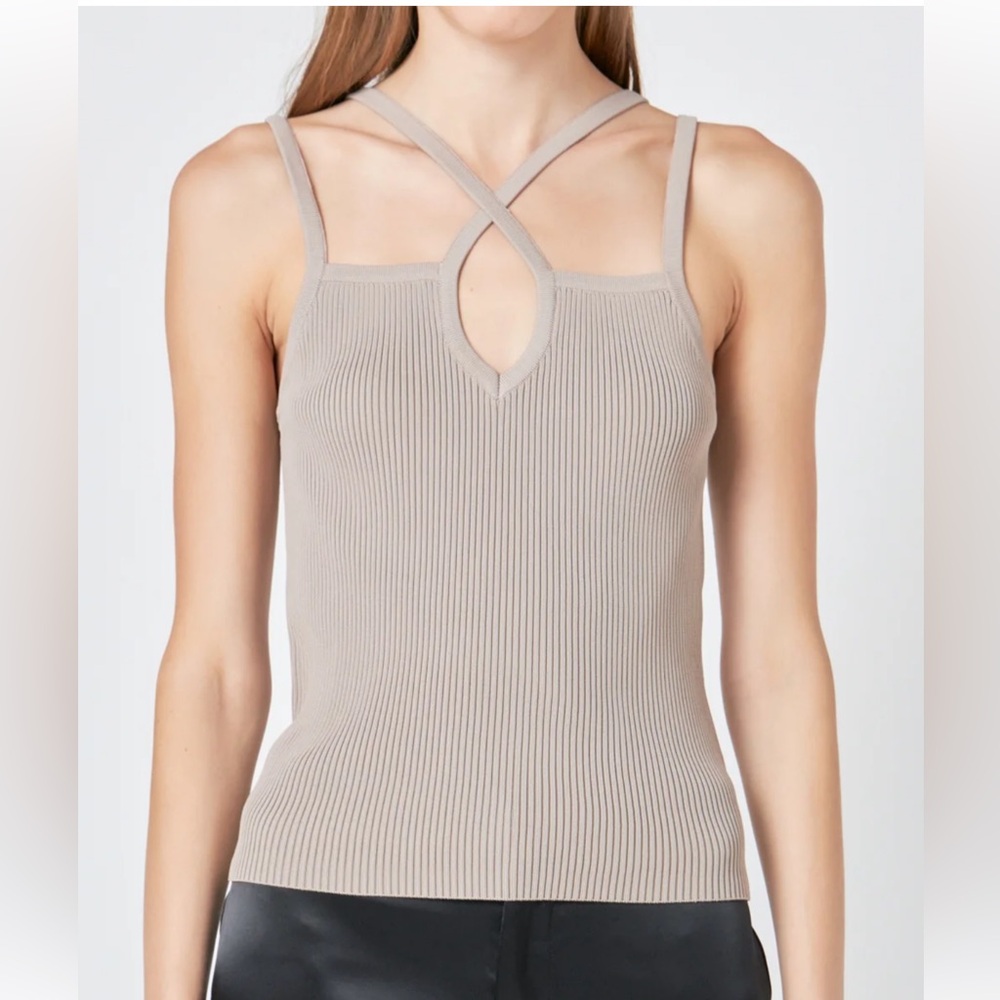 ENDLESS ROSE STRAP DETAIL FITTED KNIT TOP in taupe